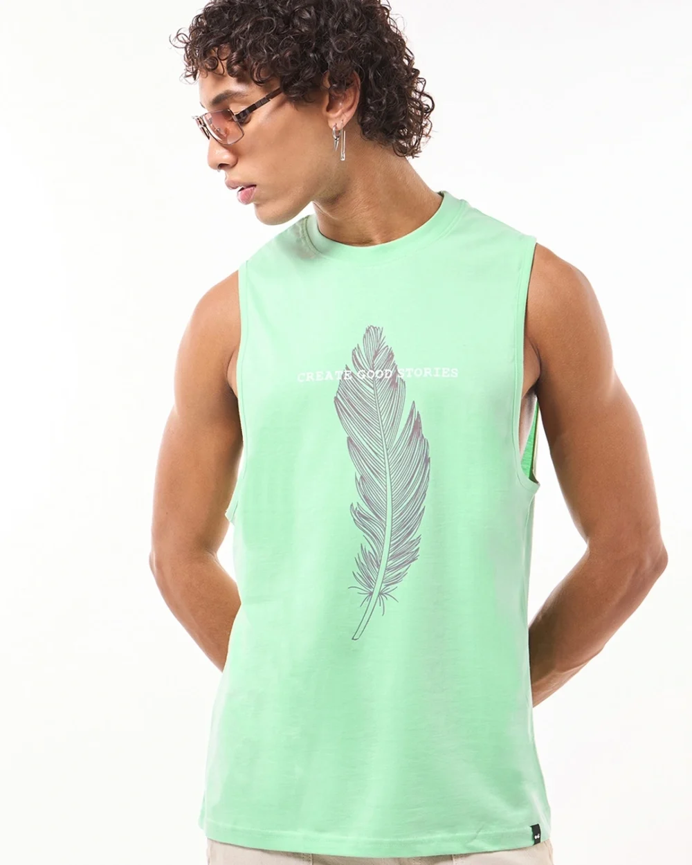 Men's Green Create Good Stories Graphic Printed Oversized Vest