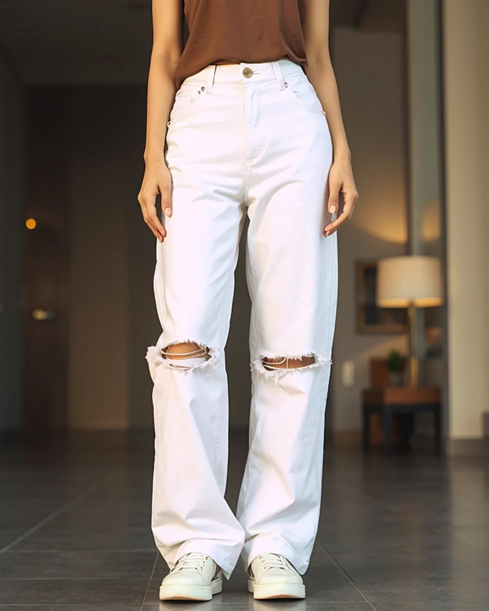 Women's White Baggy Distressed Wide Leg Jeans