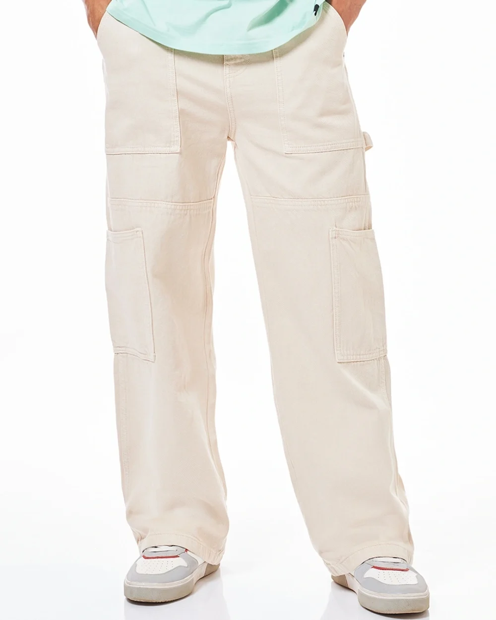 Men's Beige Straight Fit Cargo Carpenter Jeans