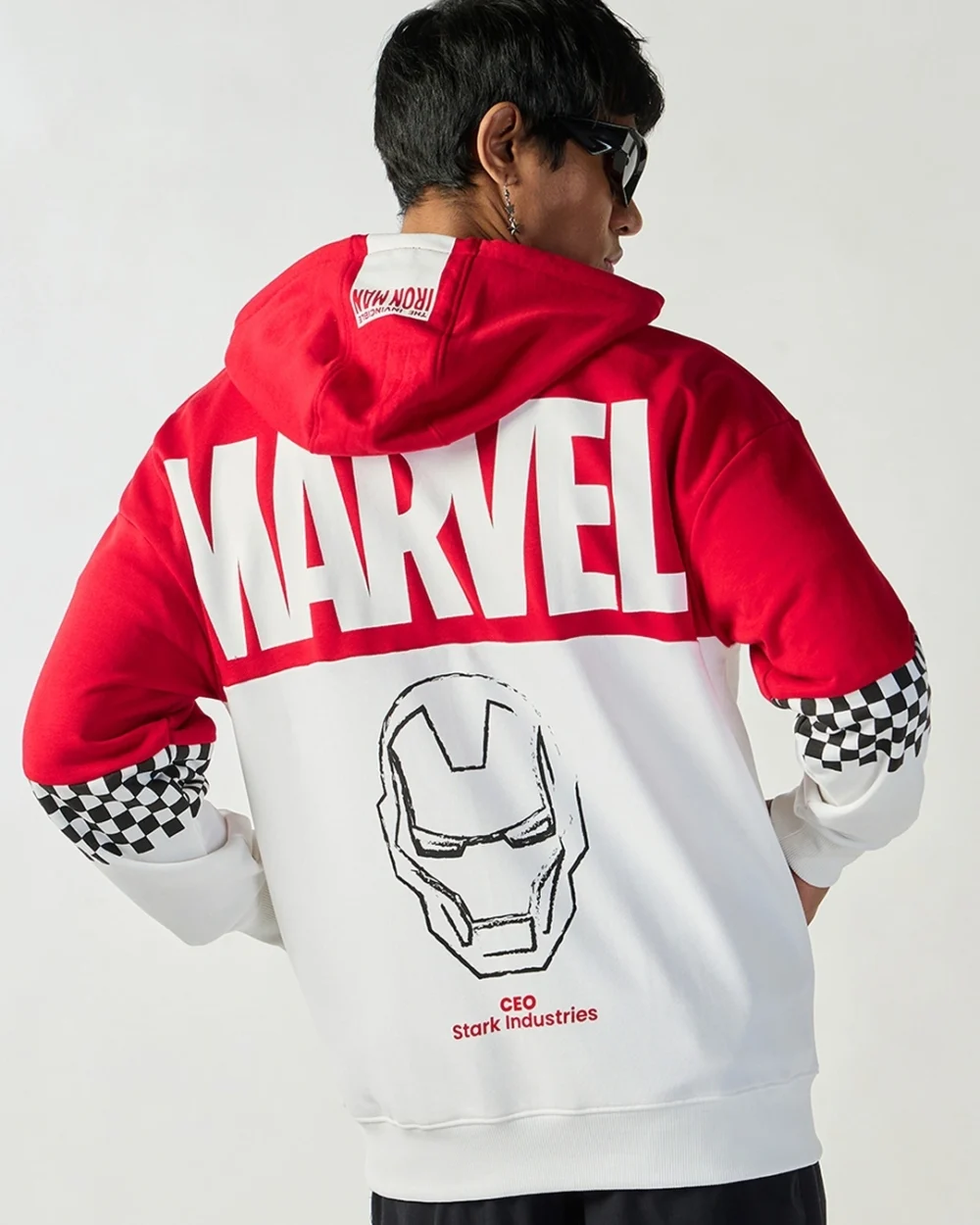 Men's Red & White Color Block Oversized Hoodie