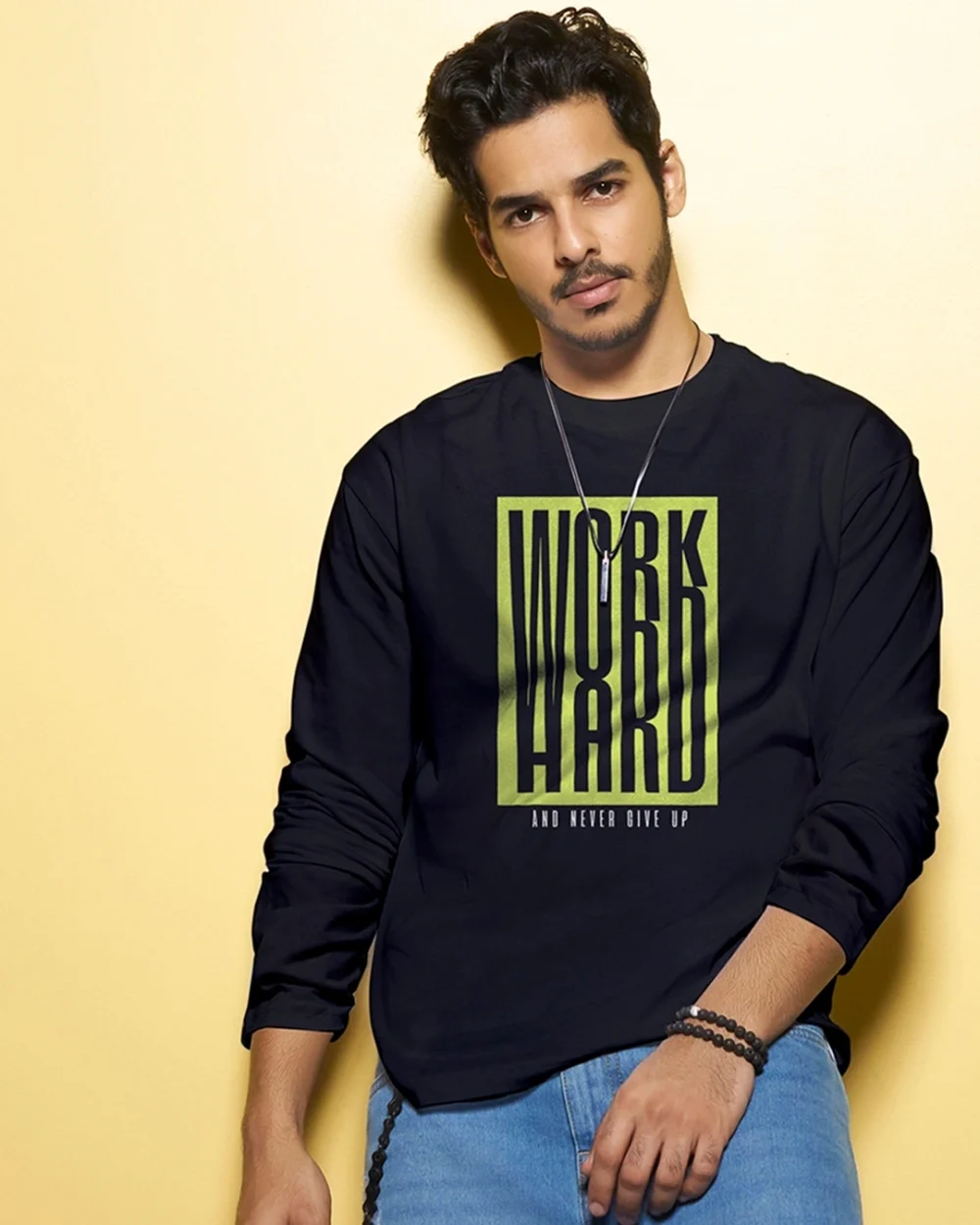 Men's Black Work Hard Graphic Printed T-shirt