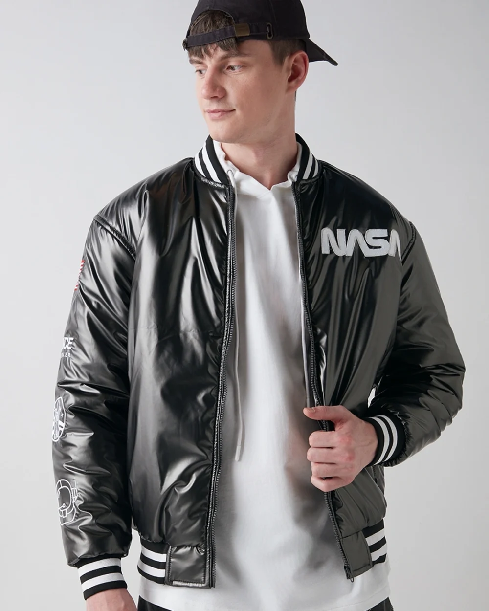 Men's Black Nasa Graphic Printed Oversized Bomber Jacket