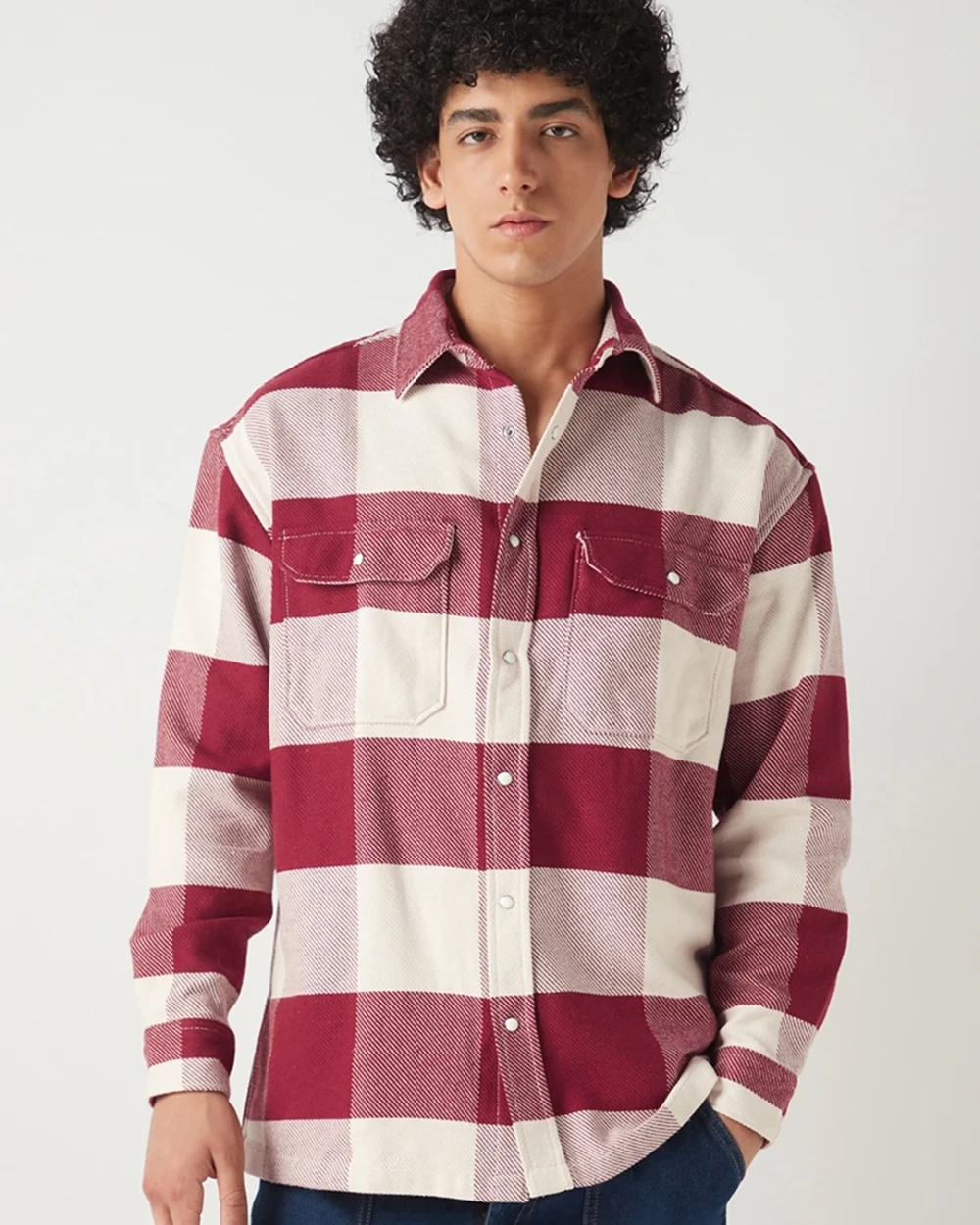 Men's Red & Off White Checked Oversized Shirt