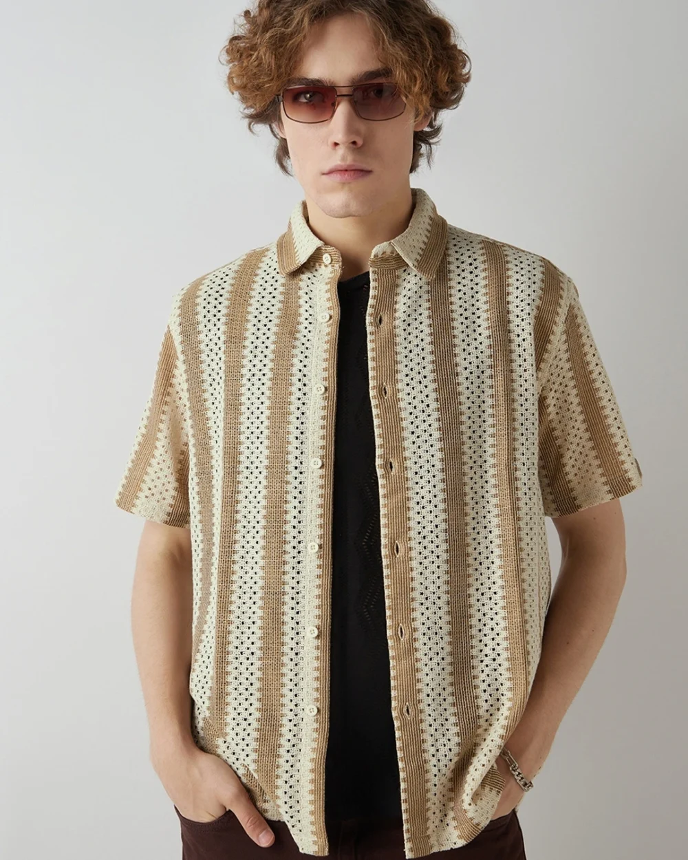 Men's Beige & Brown Textured Oversized Shirt