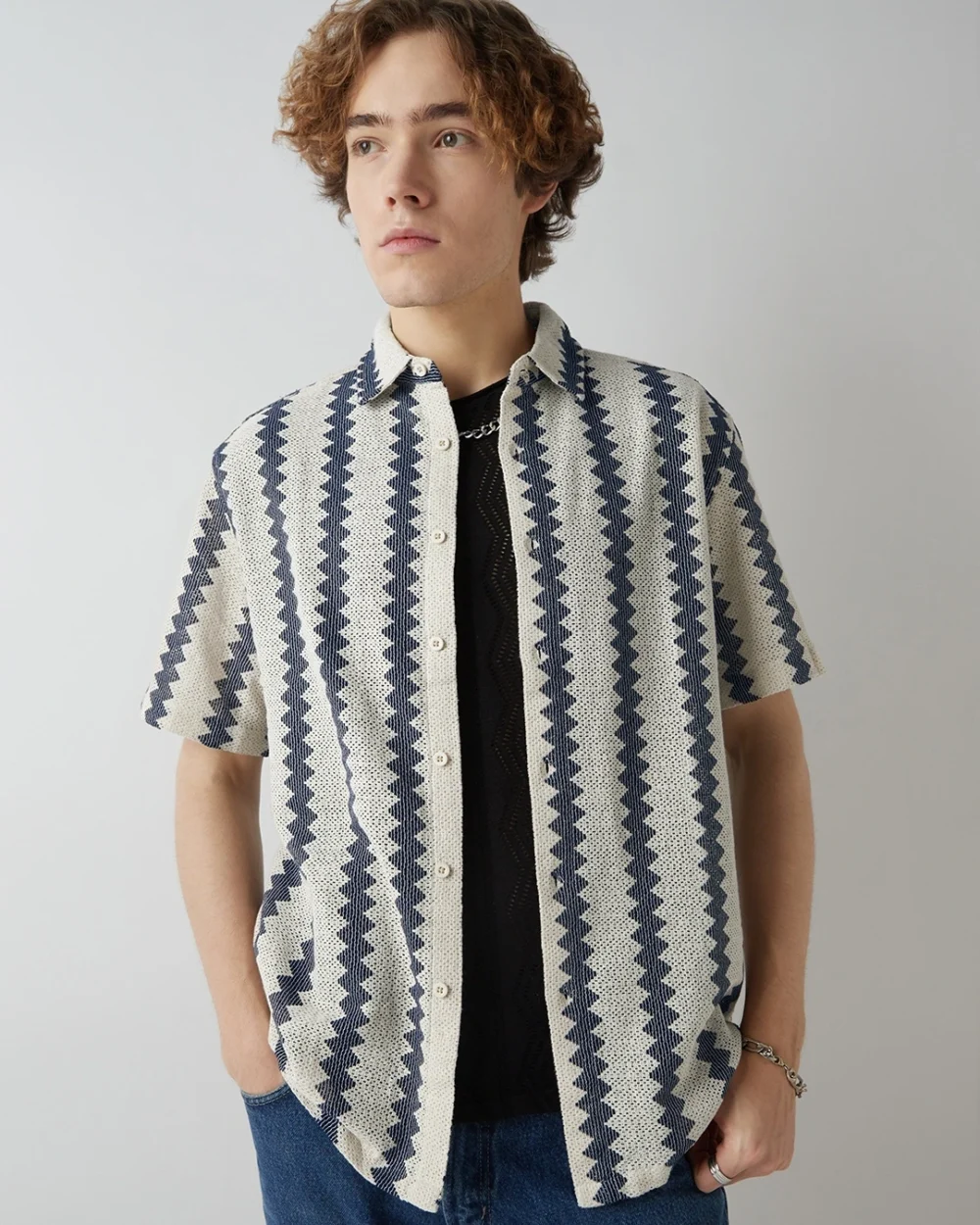 Men's Off White & Blue Textured Oversized Shirt