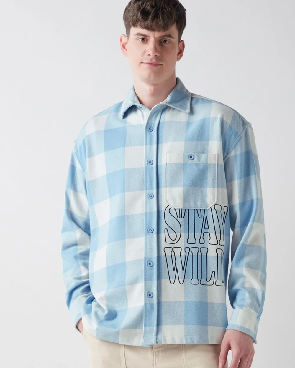 Men's Blue Stay Wild Checked Oversized Shirt