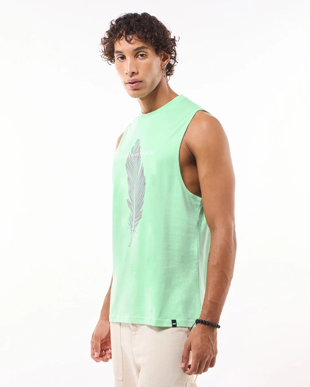 Men's Green Create Good Stories Graphic Printed Oversized Vest - Image 2