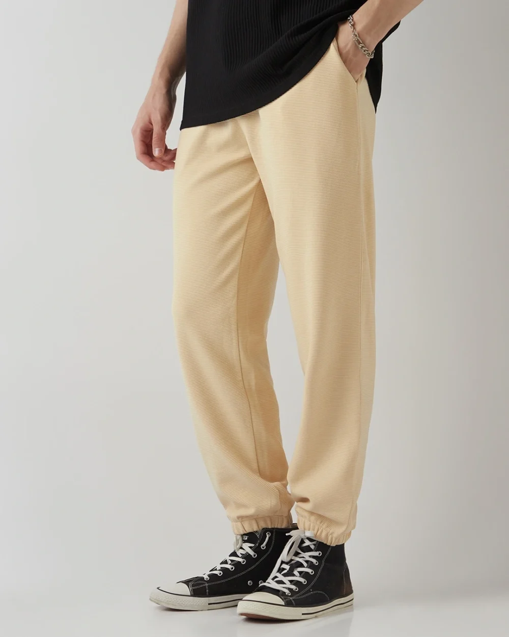 Men's Beige Textured Joggers - Image 2