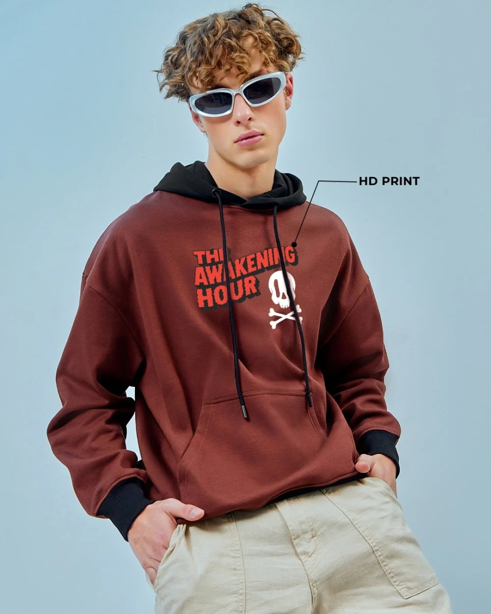 Men's Brown The Awakening Hour Graphic Printed Oversized Hoodies - Image 2