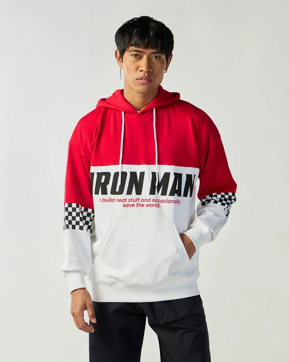 Men's Red & White Color Block Oversized Hoodie - Image 2