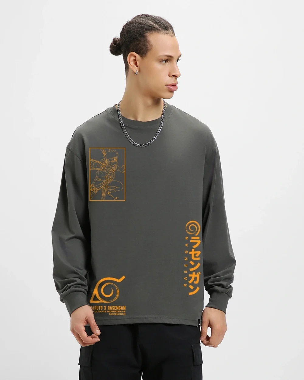 Men's Grey Rasengan Graphic Printed Oversized T-shirt - Image 2