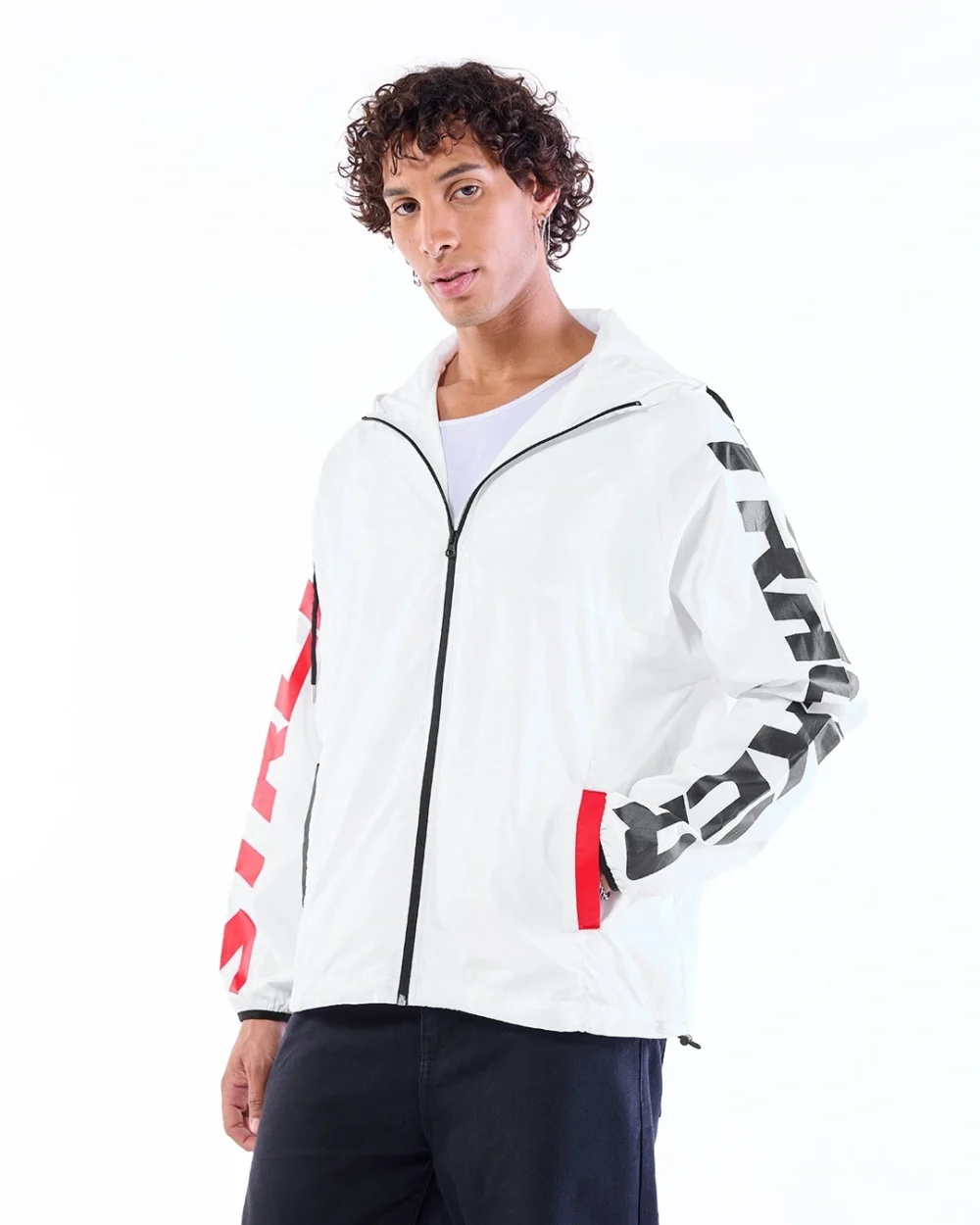 Men's White Typography Oversized Windcheater Jacket - Image 2