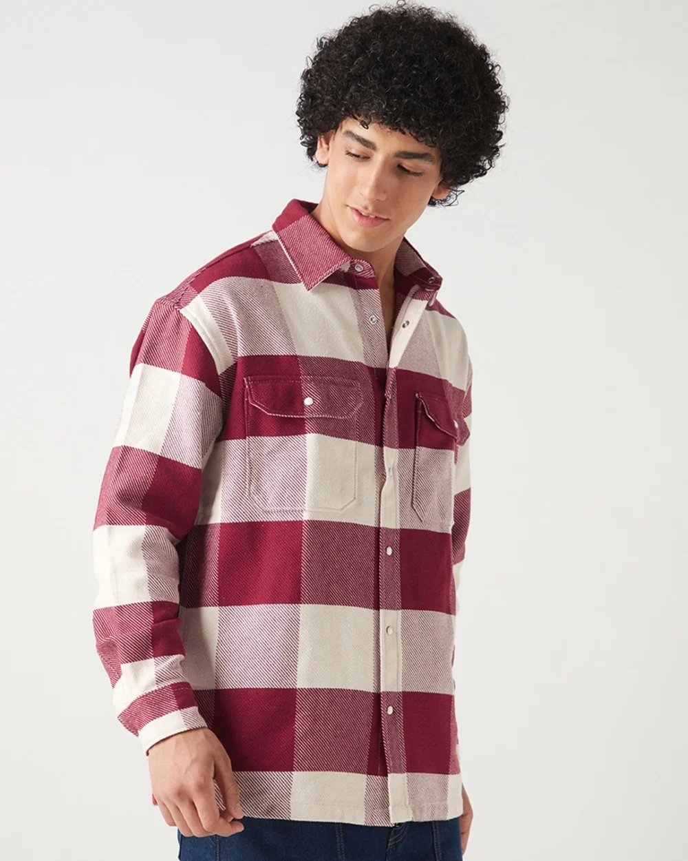 Men's Red & Off White Checked Oversized Shirt - Image 2