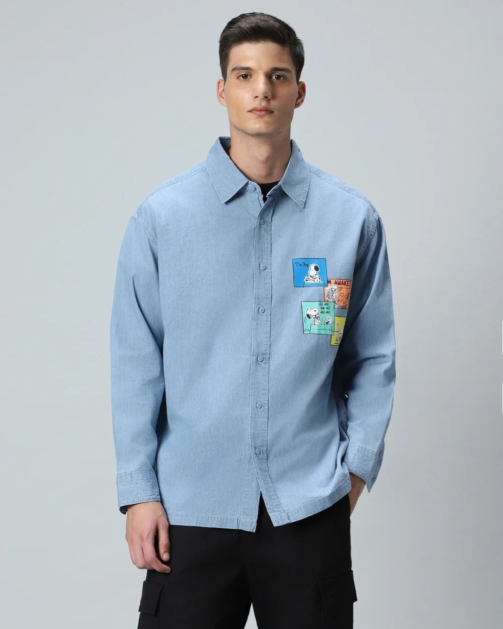 Men's Blue Den Graphic Printed Oversized Shirt - Image 2