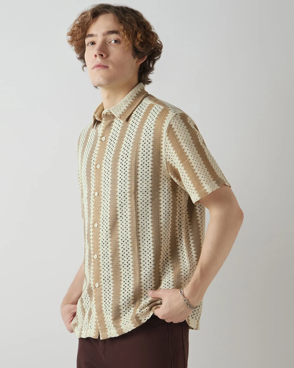 Men's Beige & Brown Textured Oversized Shirt - Image 2