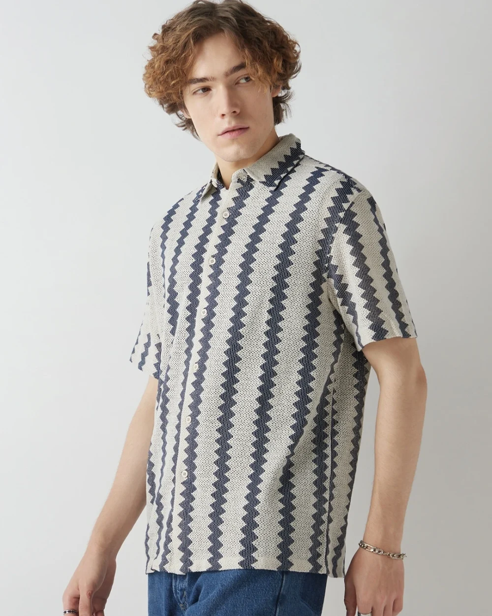 Men's Off White & Blue Textured Oversized Shirt - Image 2