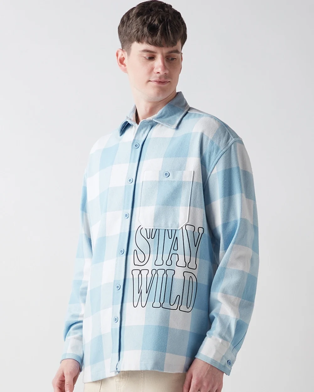 Men's Blue Stay Wild Checked Oversized Shirt - Image 2