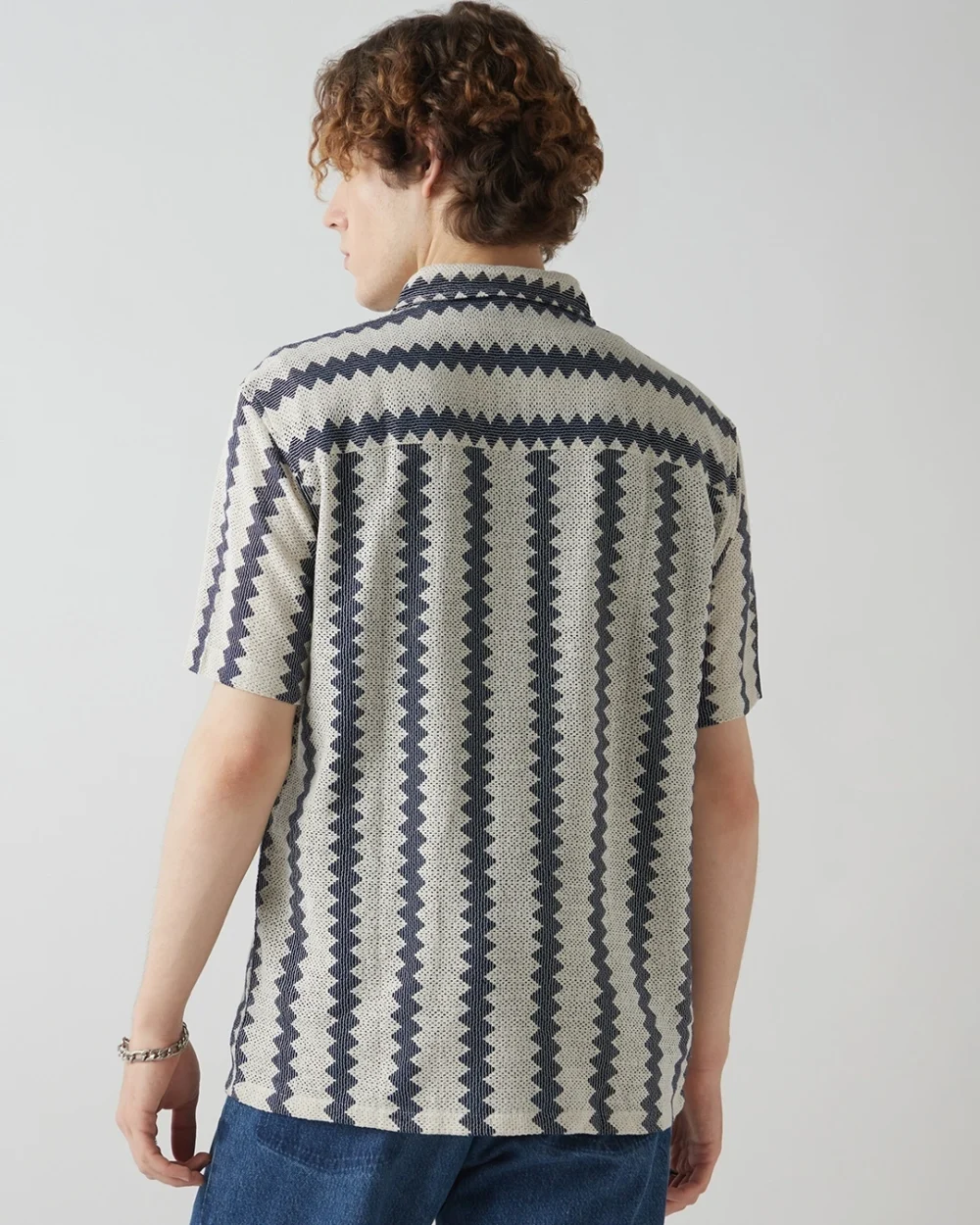 Men's Off White & Blue Textured Oversized Shirt - Image 3