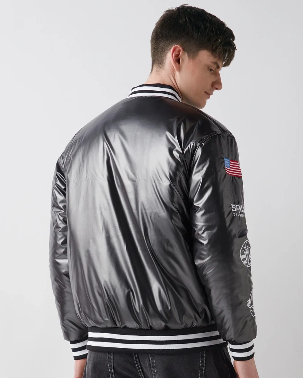 Men's Black Nasa Graphic Printed Oversized Bomber Jacket - Image 3