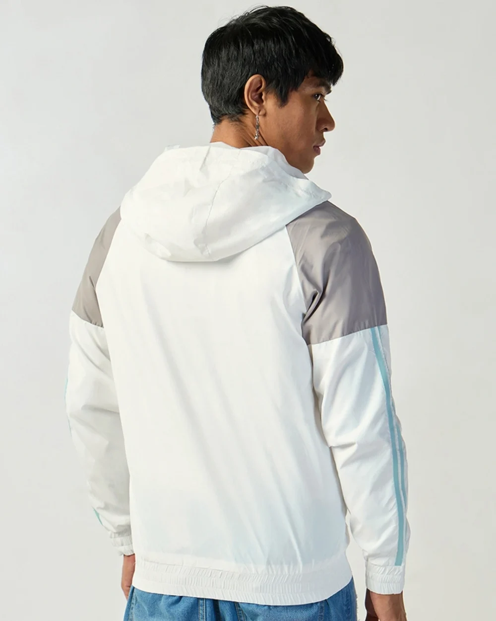 Men's White & Grey Color Block Plus Size Windcheater Jacket - Image 3