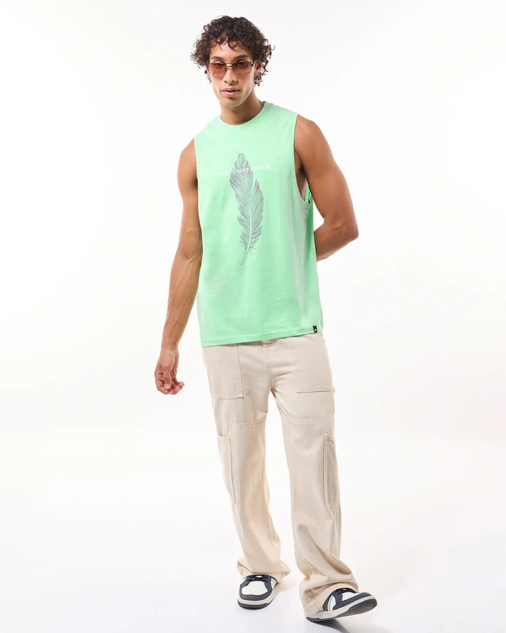 Men's Green Create Good Stories Graphic Printed Oversized Vest - Image 4