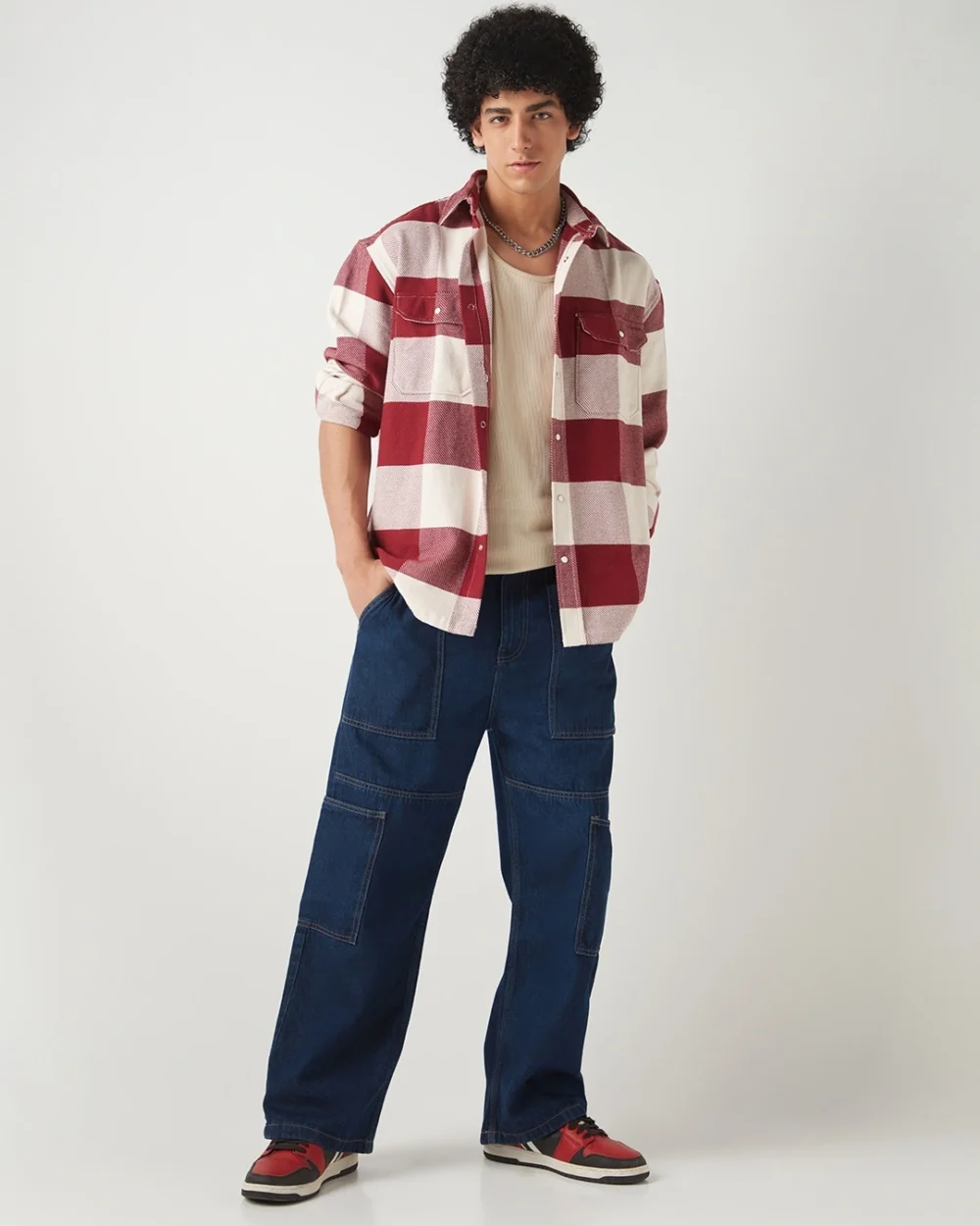 Men's Red & Off White Checked Oversized Shirt - Image 4