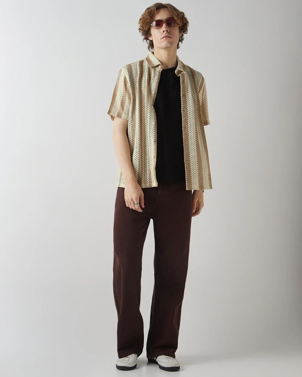 Men's Beige & Brown Textured Oversized Shirt - Image 4