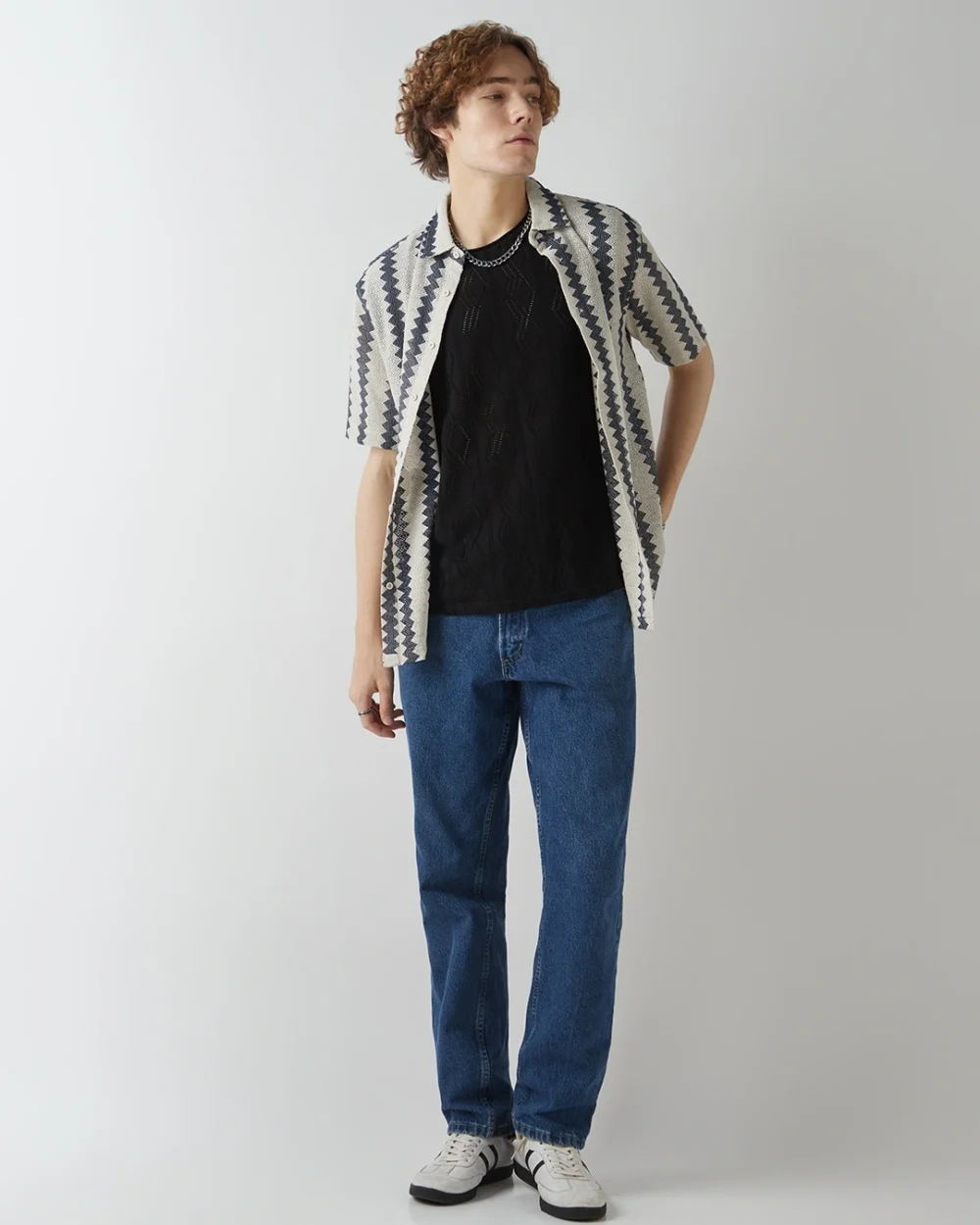 Men's Off White & Blue Textured Oversized Shirt - Image 4