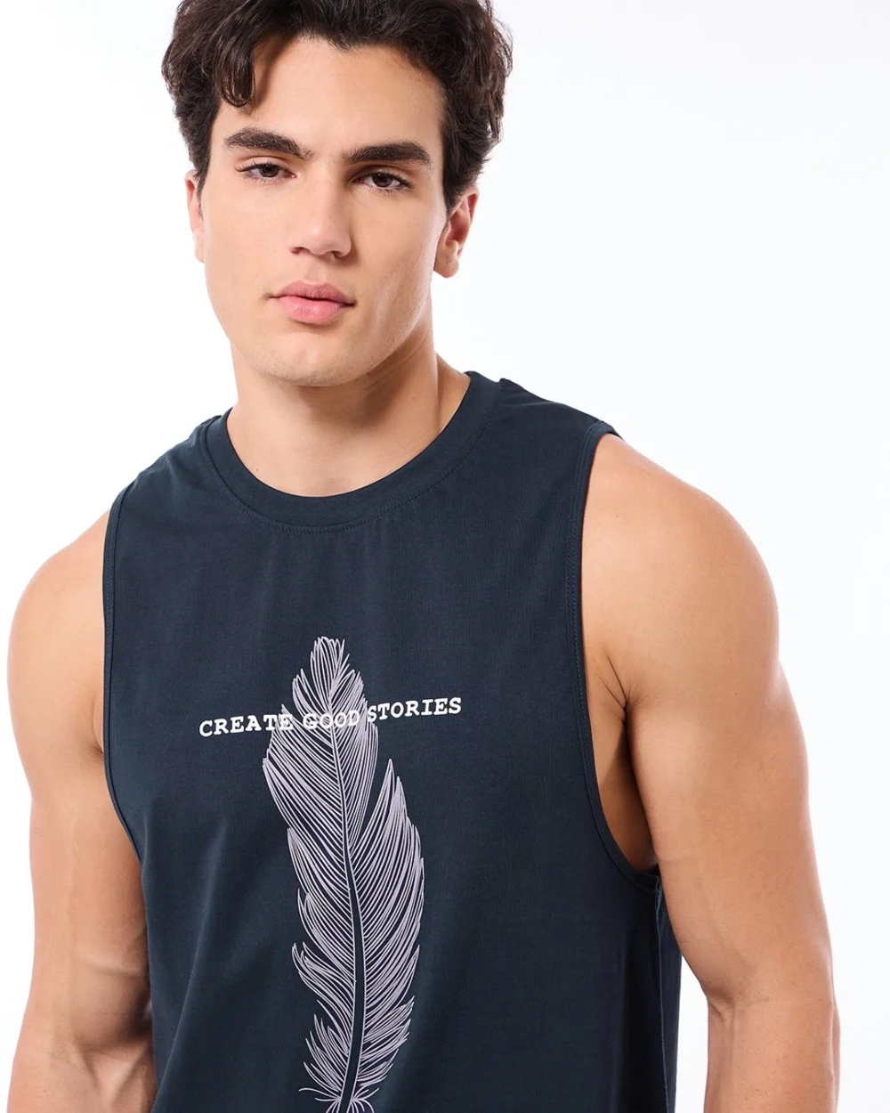 Men's Blue Create Good Stories Graphic Printed Oversized Vest - Image 5