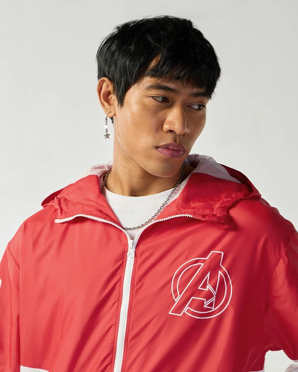 Men's White & Red Graphic Printed Oversized Windcheater Jacket - Image 5