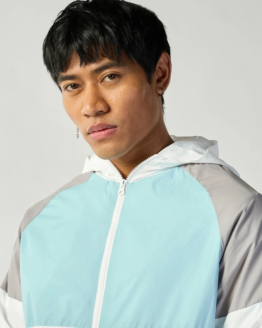 Men's White & Grey Color Block Plus Size Windcheater Jacket - Image 5