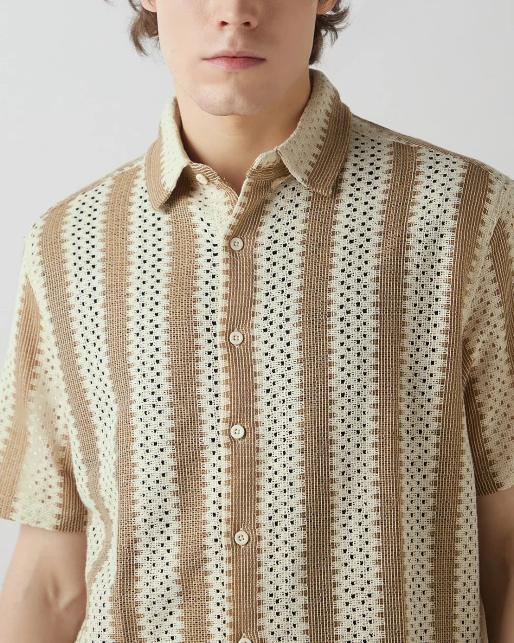 Men's Beige & Brown Textured Oversized Shirt - Image 5