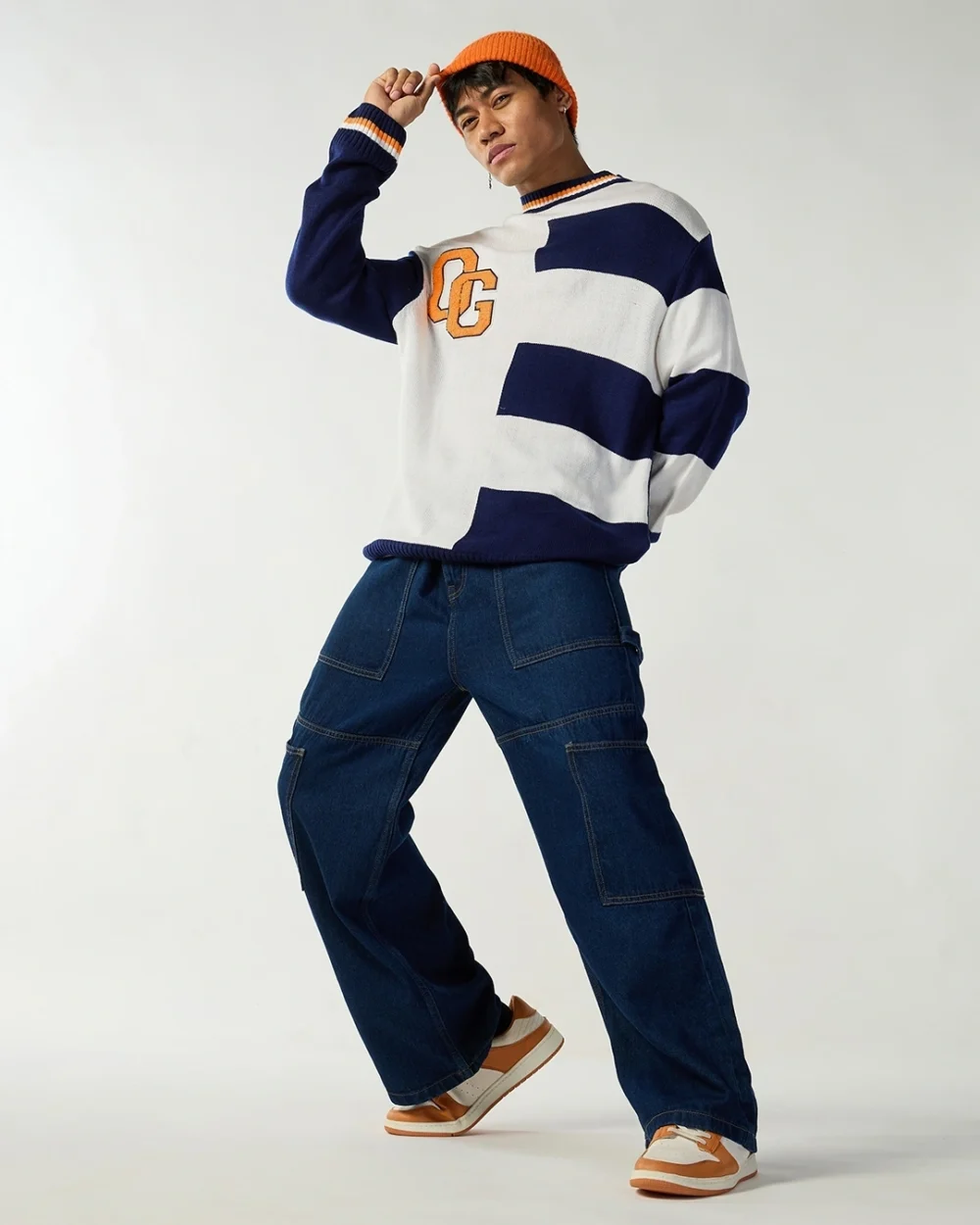 Men's White & Blue Color Block Oversized Sweater - Image 6