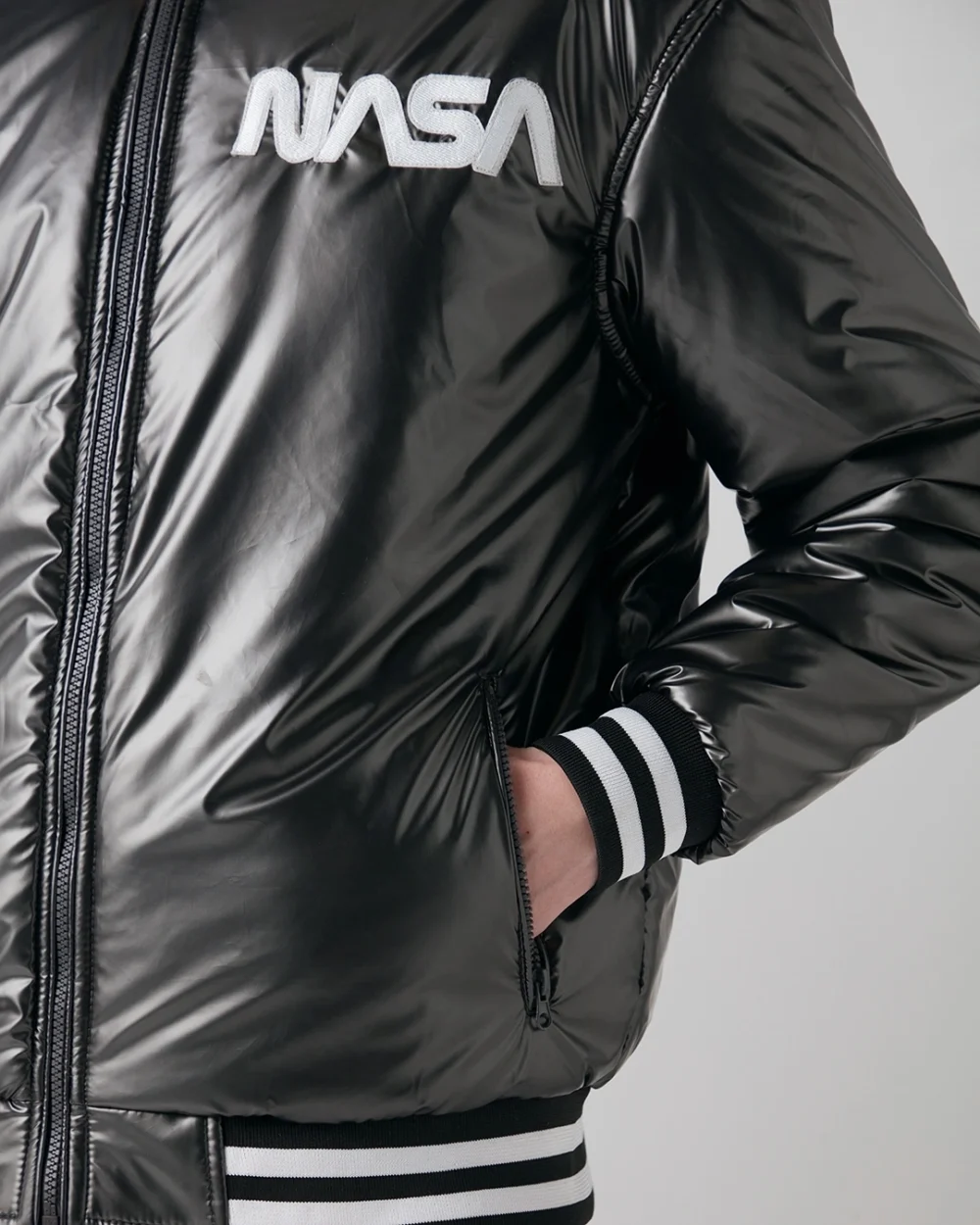 Men's Black Nasa Graphic Printed Oversized Bomber Jacket - Image 7