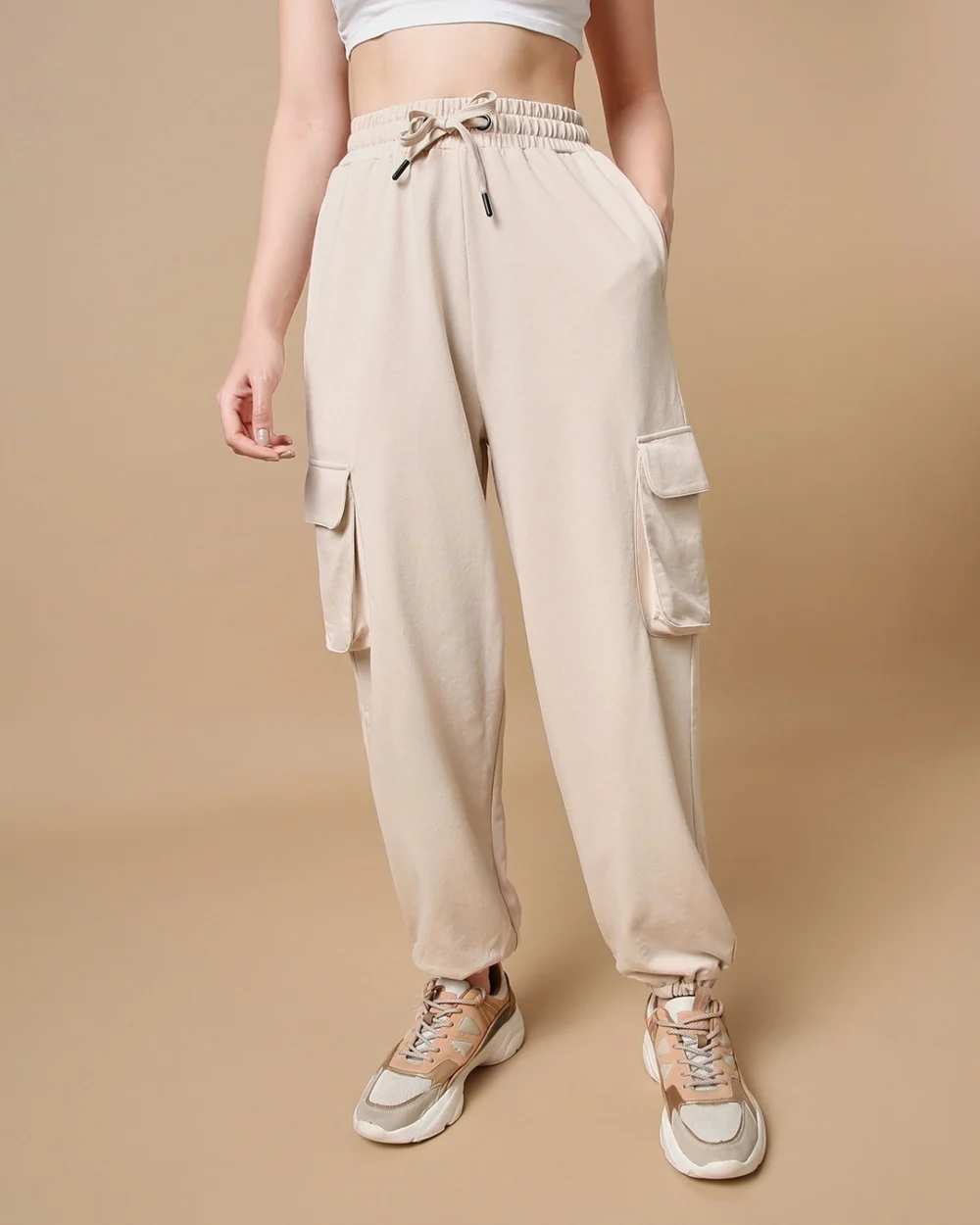 Women's Beige Oversize Cargo Joggers