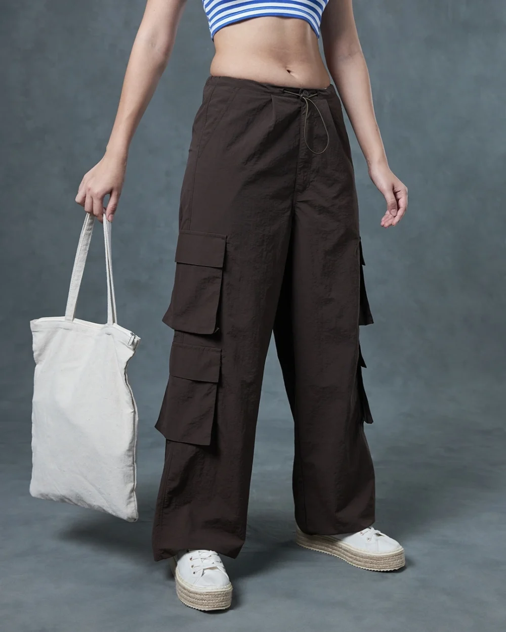 Women's Brown Oversized Cargo Parachute Pants