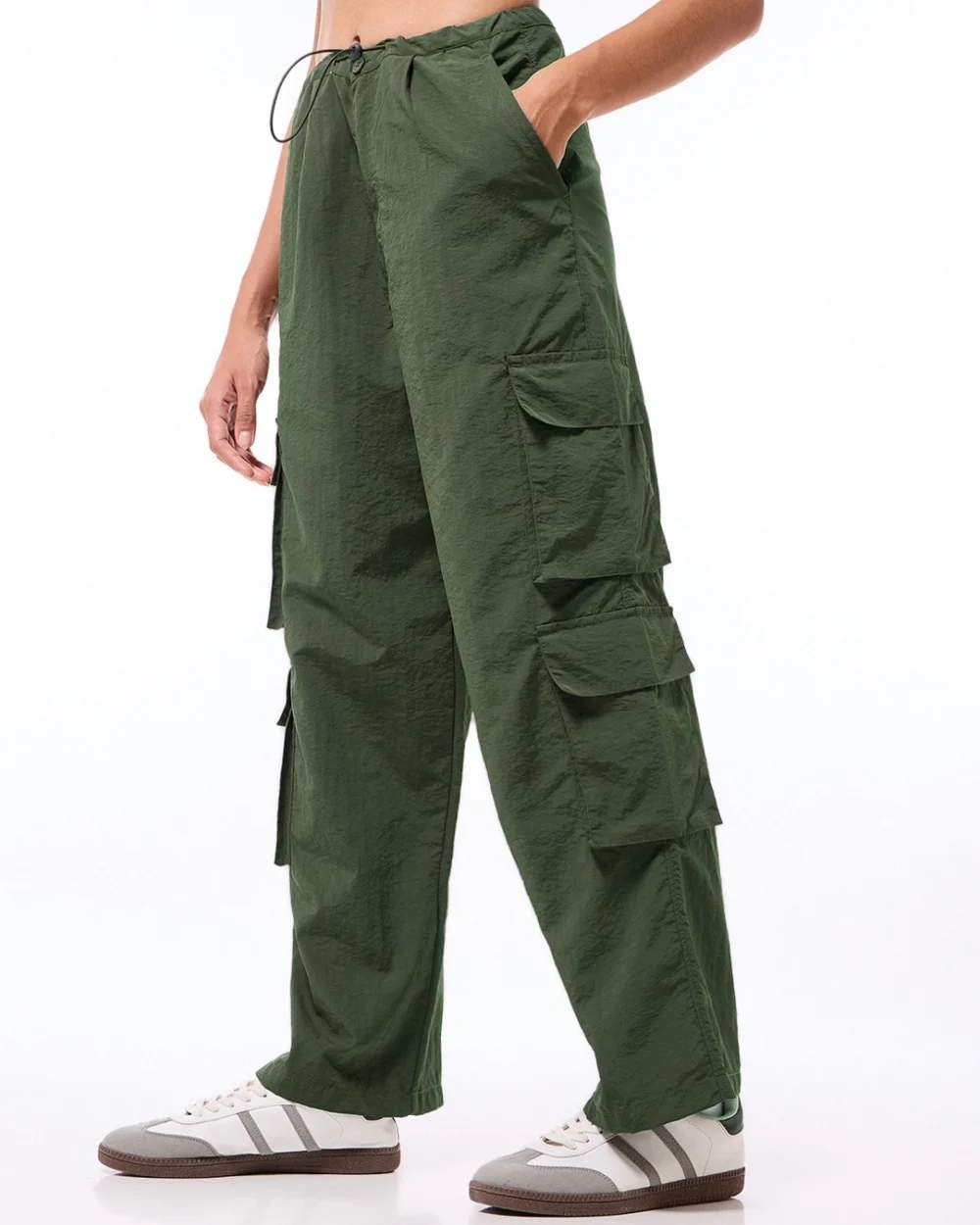 Women's Olive Green Oversized Cargo Parachute Pants