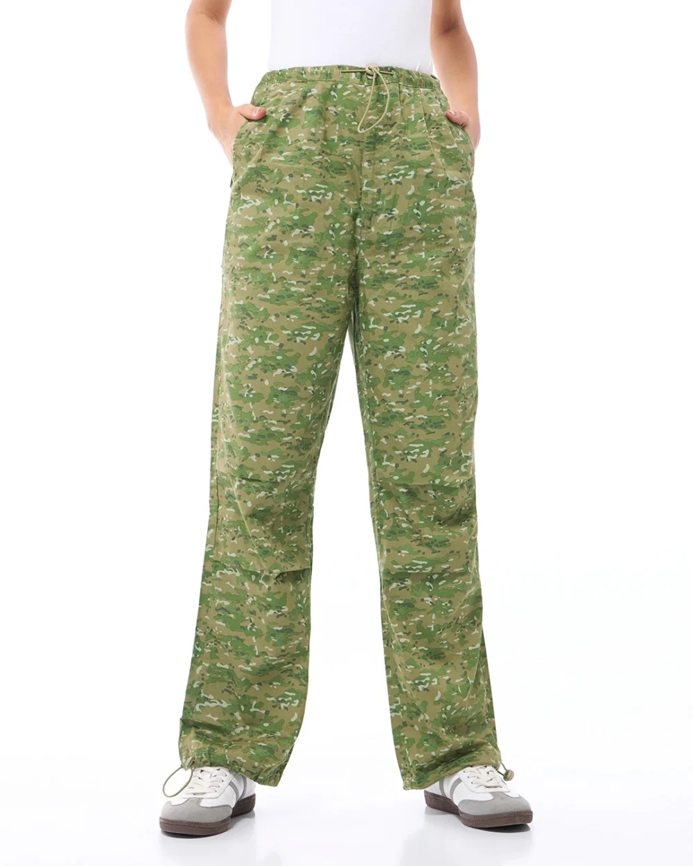 Women's Green All Over Printed Oversized Parachute Pants