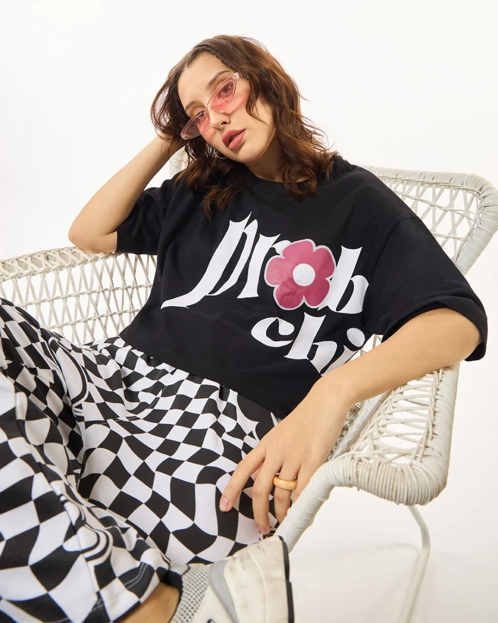 Women's Black & White Problem Child Graphic Printed Oversized Co-ordinates