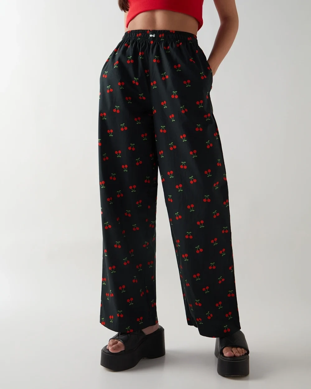 Women's Black All Over Printed Wide Leg Pyjamas