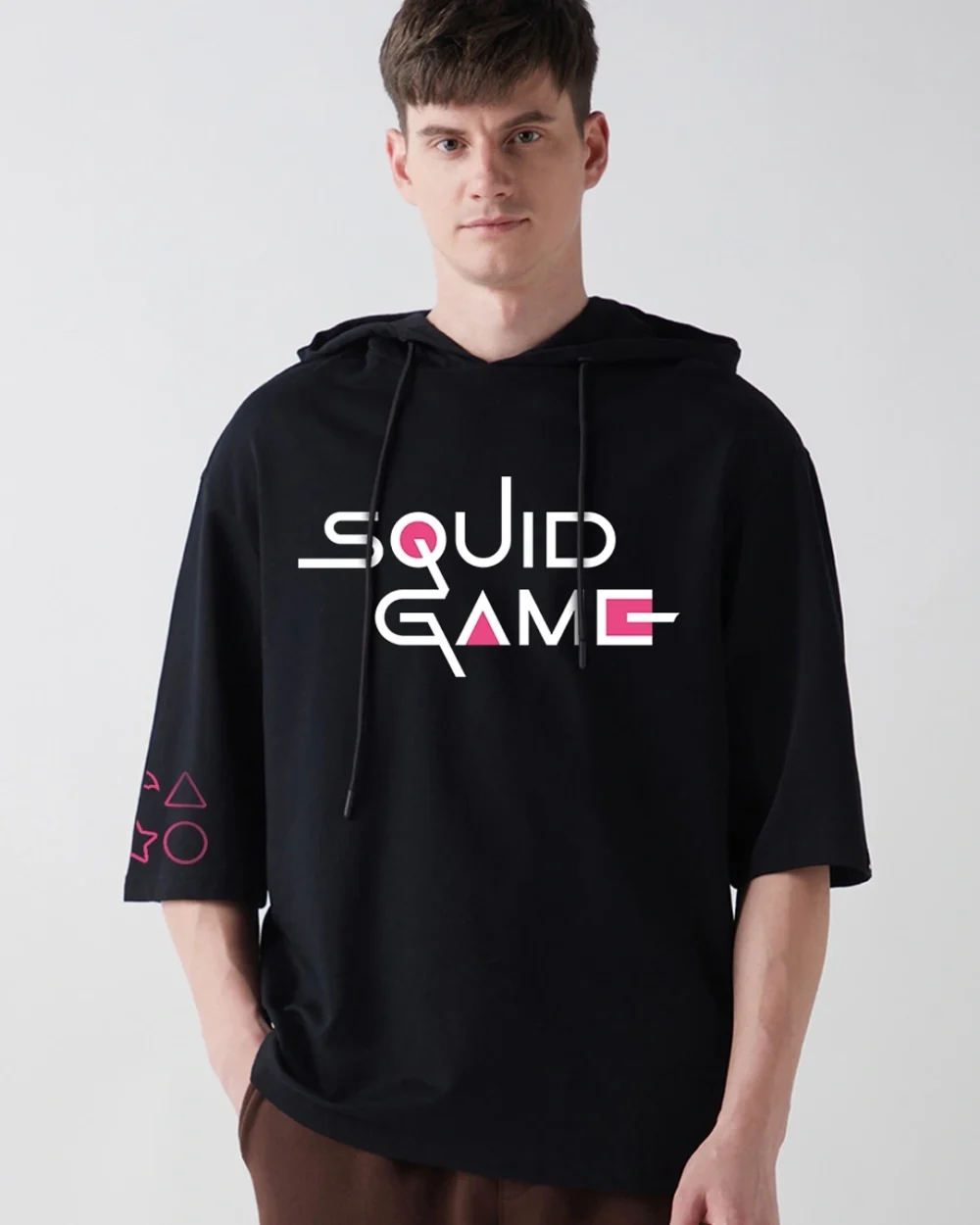 Men's Black Squid Game Graphic Printed Oversized Hoodie T-shirt