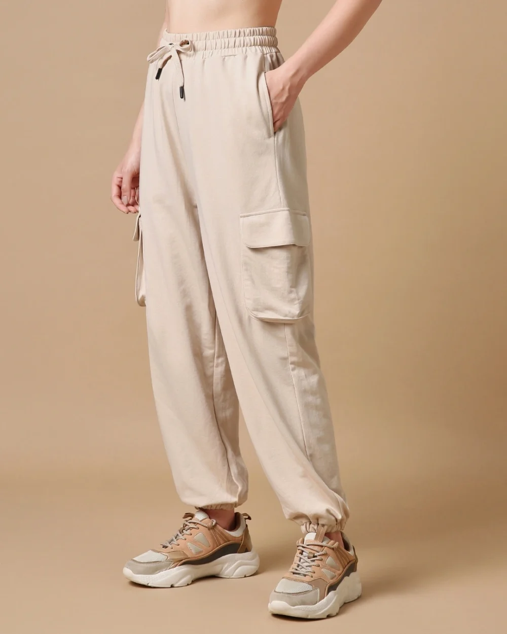 Women's Beige Oversize Cargo Joggers - Image 2