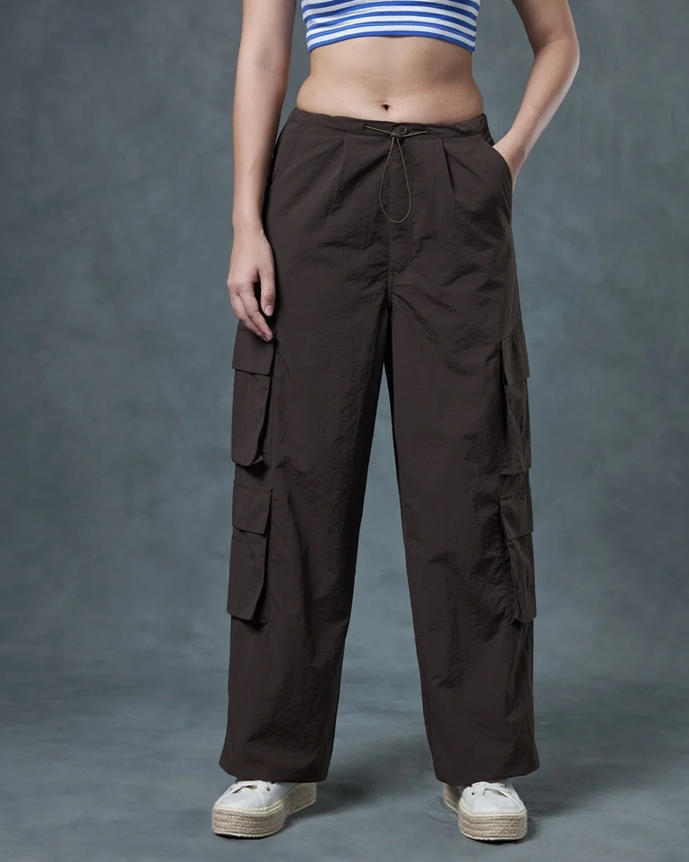 Women's Brown Oversized Cargo Parachute Pants - Image 2