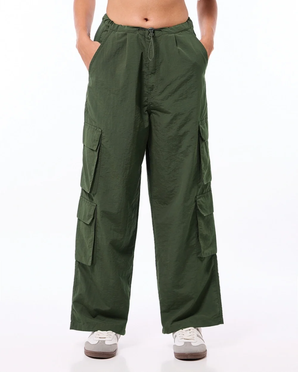 Women's Olive Green Oversized Cargo Parachute Pants - Image 2