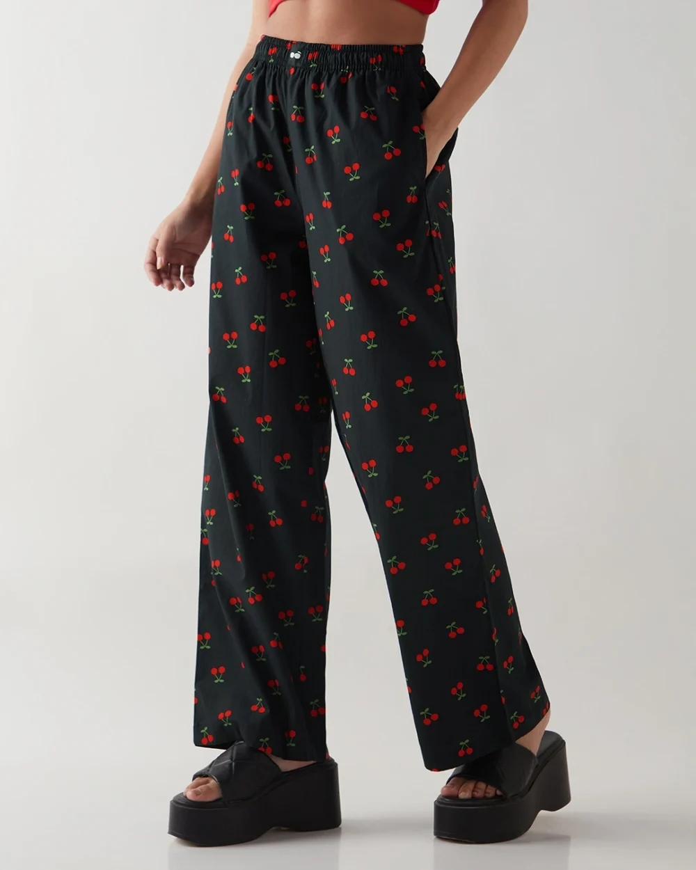 Women's Black All Over Printed Wide Leg Pyjamas - Image 2