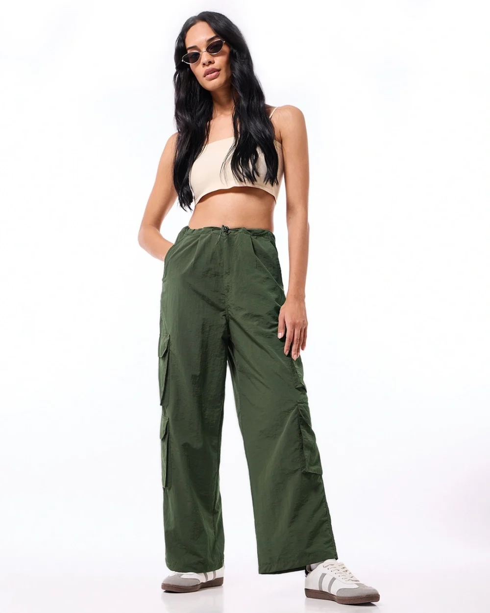 Women's Olive Green Oversized Cargo Parachute Pants - Image 4