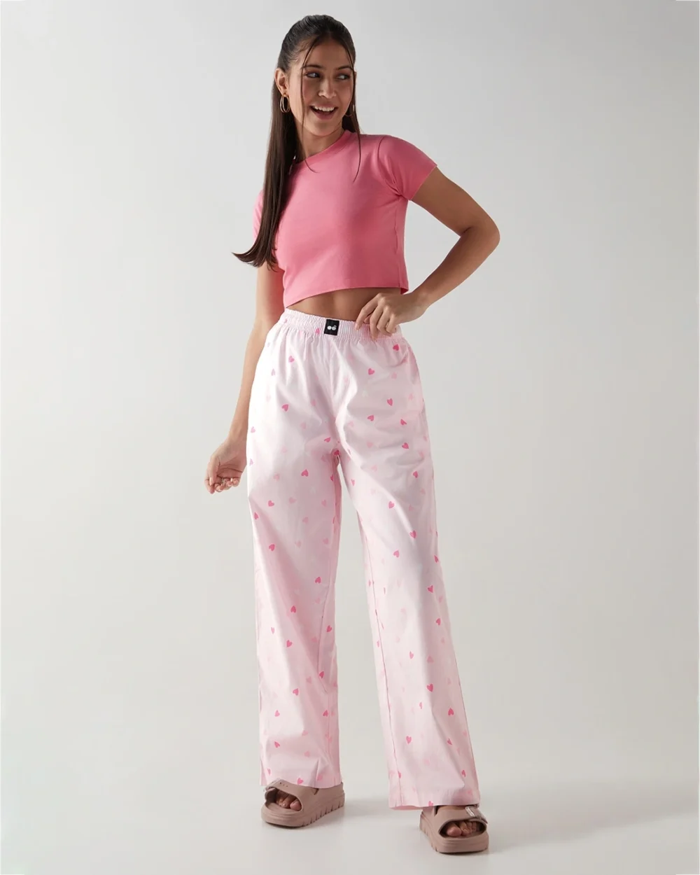 Women's Pink All Over Printed Wide Leg Pyjamas - Image 4