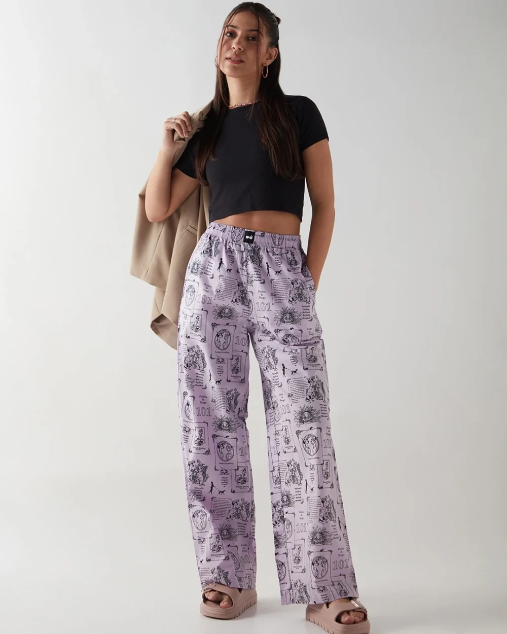 Women's Purple All Over Printed Wide Leg Pyjamas - Image 4