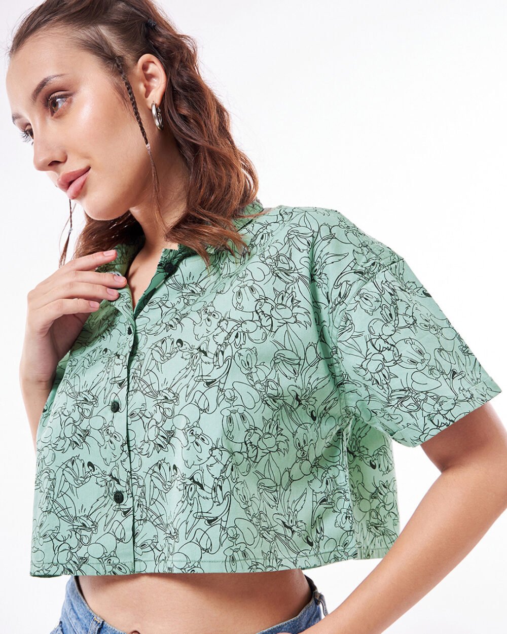 Buy Women's Green All Over Printed Oversized Crop Shirt Online at Bewakoof