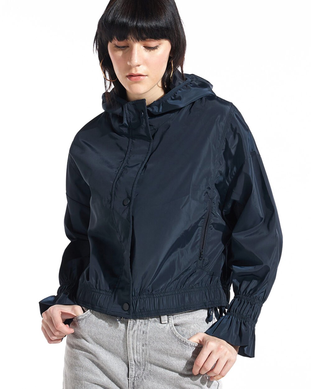 Buy Women's Navy Blue Oversized Hooded Windcheater Jacket Online at Bewakoof